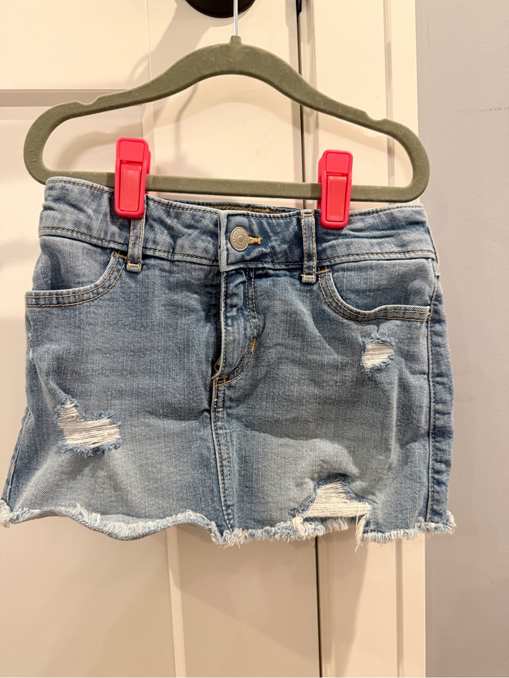 abercrombie kids light blue distressed denim skirt with shorts under